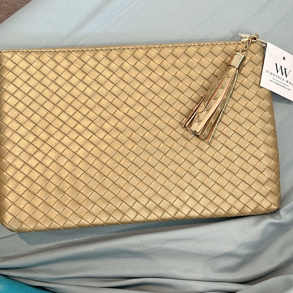 NWT!  Virginia Wolf Mimi Golden Woven Pouch Metallic Gold Clutch